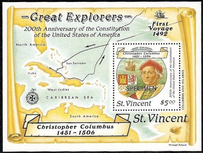 1988 Discovery of America SPECIMEN Overprinted Souvenir Sheet 1988 Discovery of America SPECIMEN Overprinted Souvenir Sheet